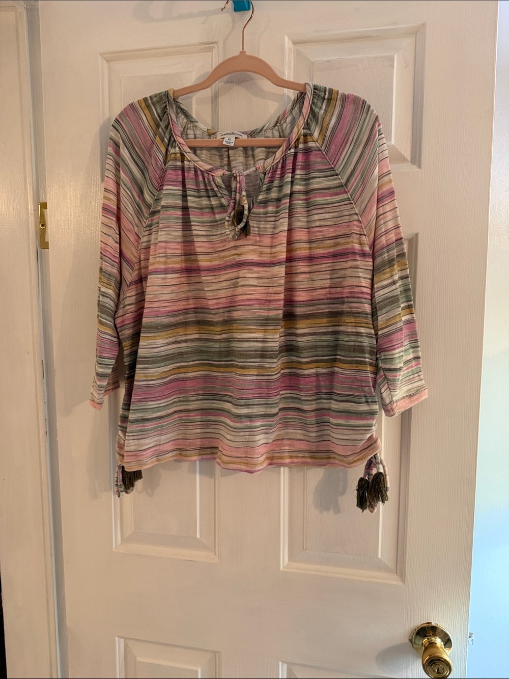 JohnPaulRichard Striped Tie-Neck Tunic in Pink and Olive
